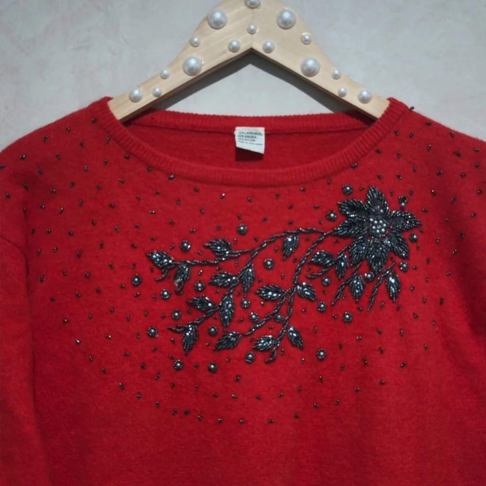 Vintage Red Lambswool Angora Beaded Sweater, S/M, Luxury Floral Embellished Knit - Picture 3 of 12